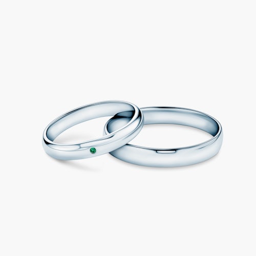 Obrączki Fairytale: białe złoto, szmaragd, półokrągłe, 3 mm i 4 mm